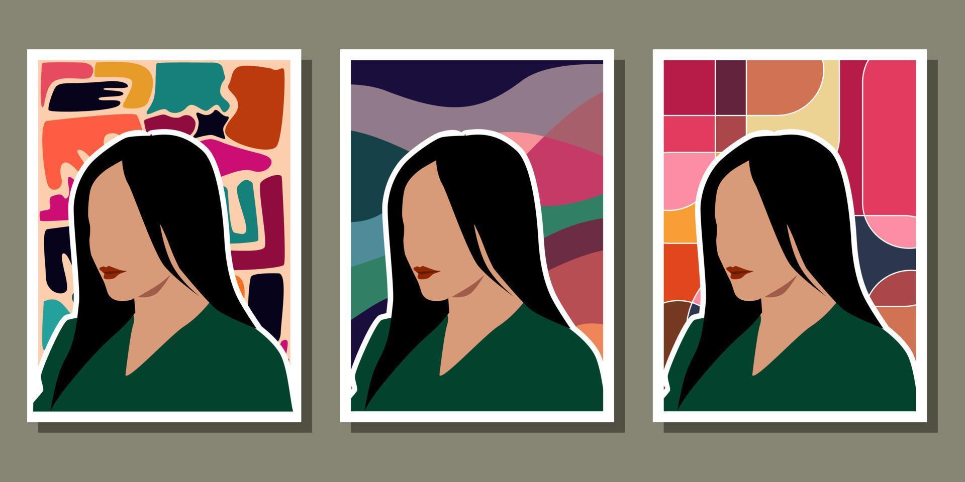 conjunto de cartazes de mulher abstrata de silhueta em estilo boho vetor