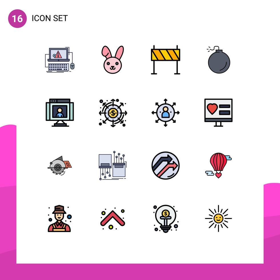 pacote de interface do usuário com 16 linhas básicas de cores planas preenchidas de comunicação barreira de explosão estrada explosiva elementos de design de vetores criativos editáveis