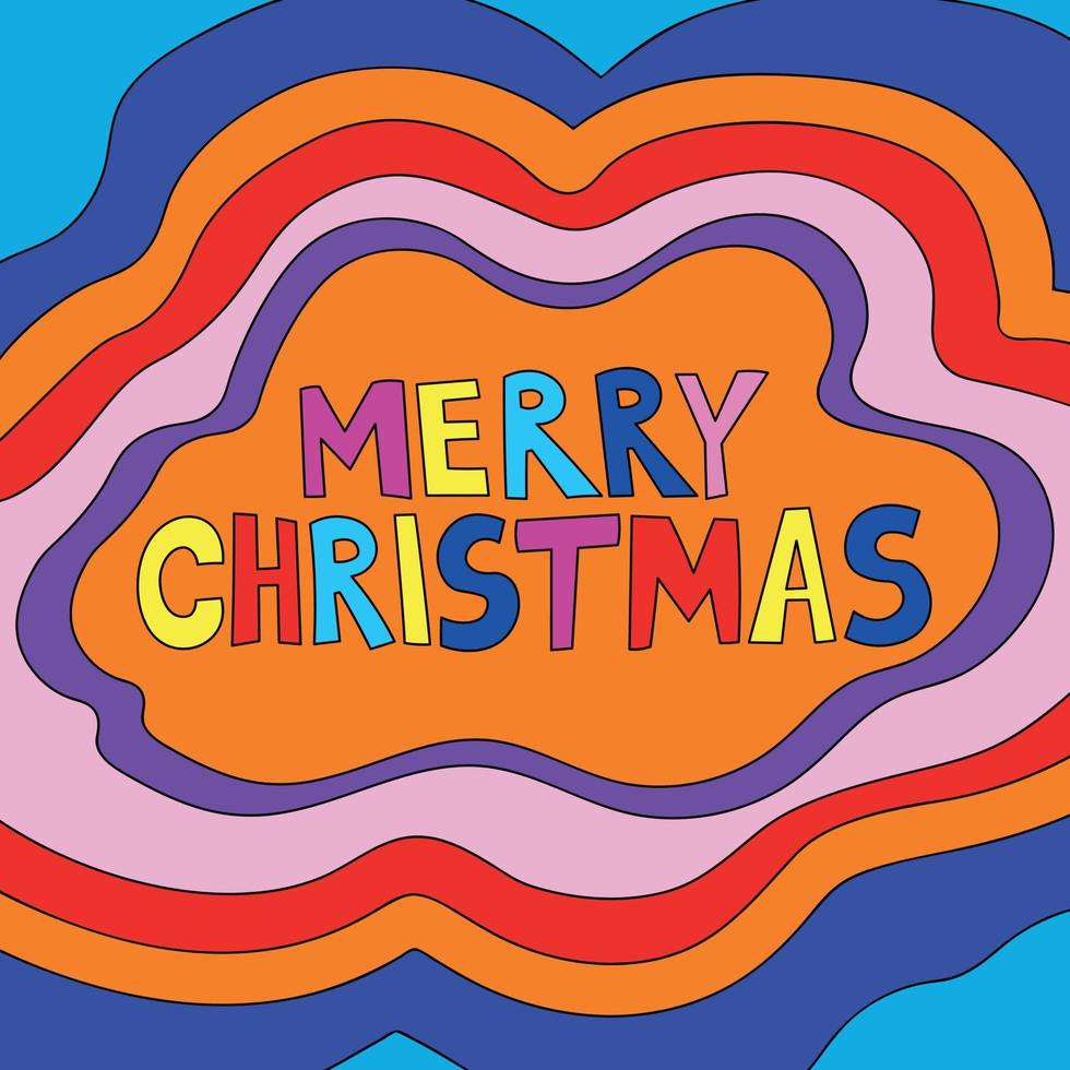 cartaz festivo de natal colorido groovy com listras multicoloridas abstratas. letras desenhadas à mão vetoriais - feliz natal. vibrações retrô descoladas de 1970 vetor