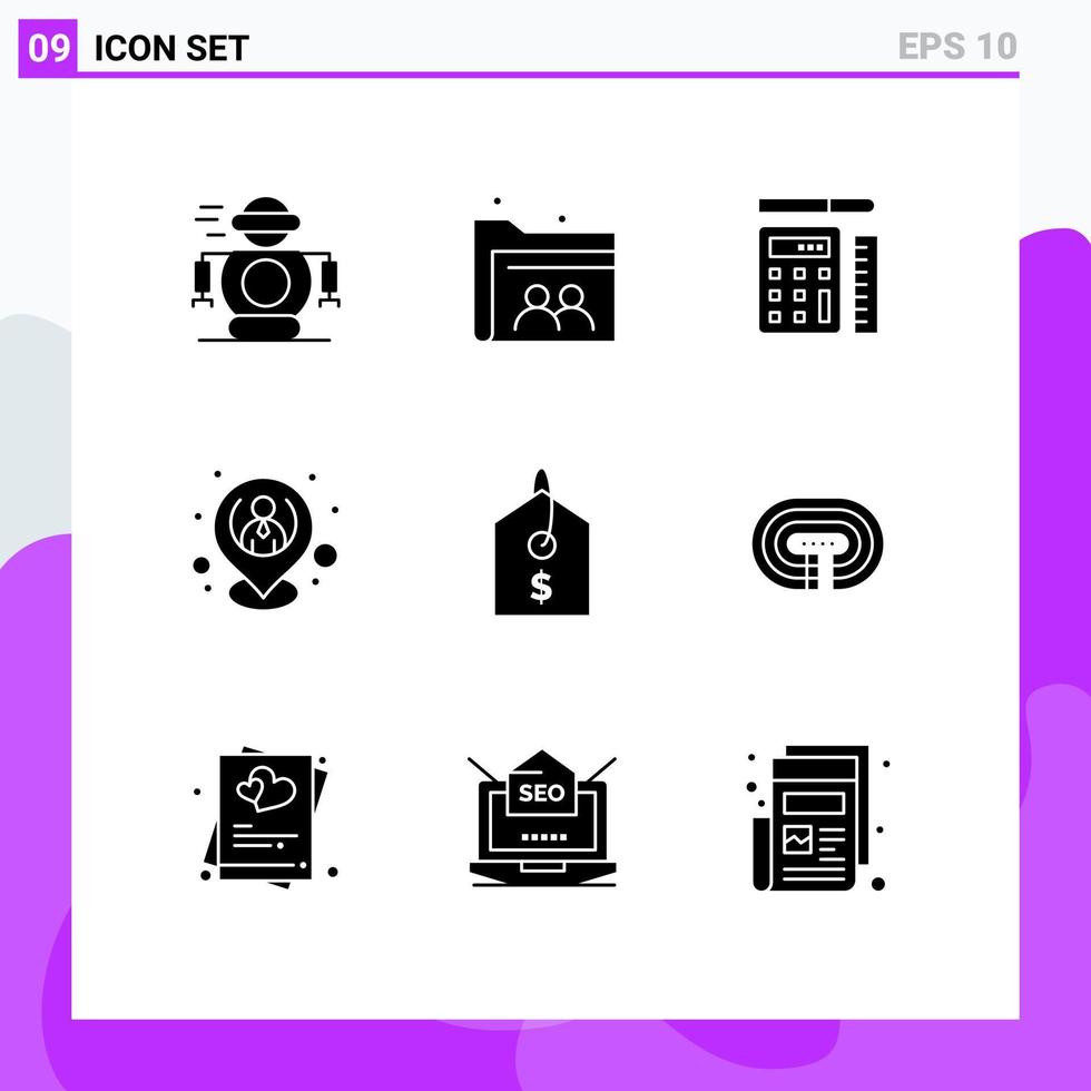 conjunto de pictogramas de 9 glifos sólidos simples de caneta de localização de preços elementos de design de vetores editáveis de funcionários humanos