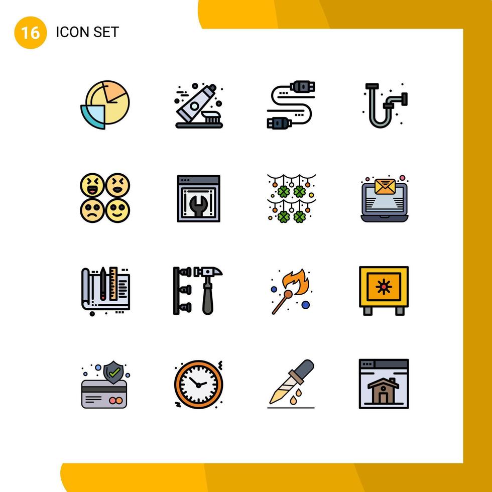 conjunto de 16 linhas cheias de cores planas comerciais para emojis dreno limpo industrial compartilhar elementos de design de vetores criativos editáveis