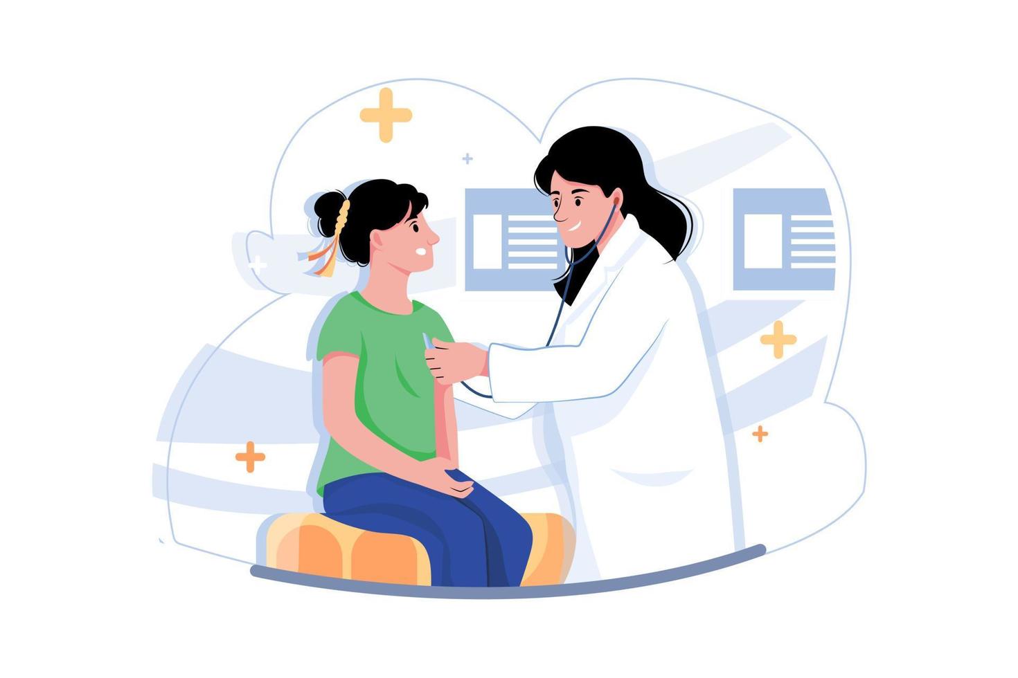 médico tratando um conceito de ilustração de paciente do sexo feminino. uma ilustração plana isolada no fundo branco vetor