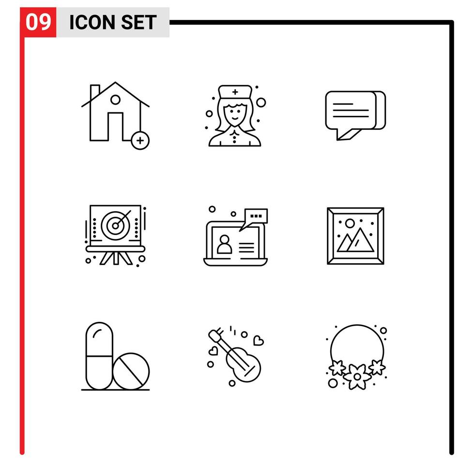 pacote de interface de usuário de 9 contornos básicos de elementos de design de vetores editáveis de seta de arco de enfermeira de alvo de bate-papo