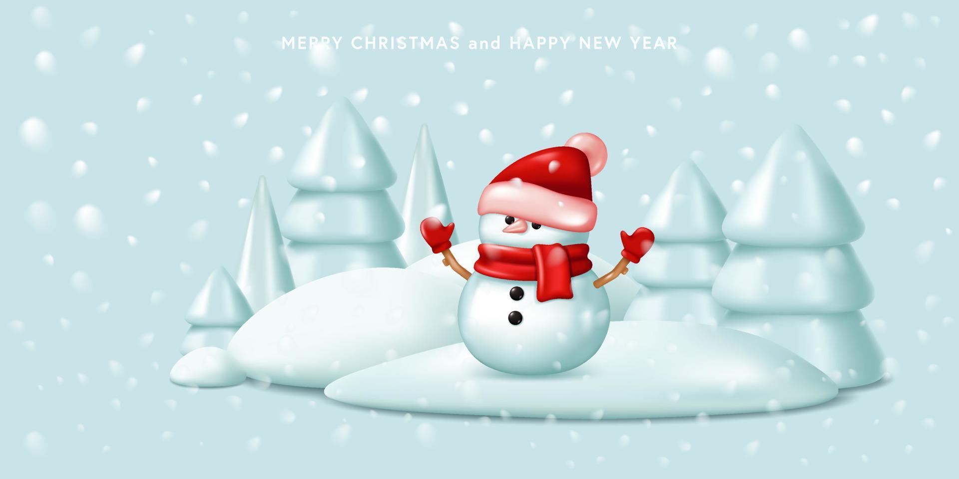 fundo de natal com paisagem de neve, boneco de neve e árvores de natal. ilustração vetorial em estilo cartoon 3d vetor