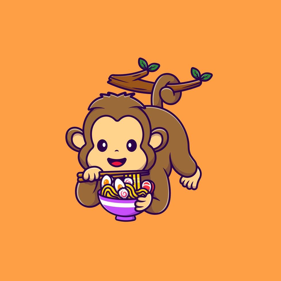 macaco bonito comendo macarrão ramen na ilustração de ícones de vetor de desenho de ramo. conceito de desenho animado plano. adequado para qualquer projeto criativo.