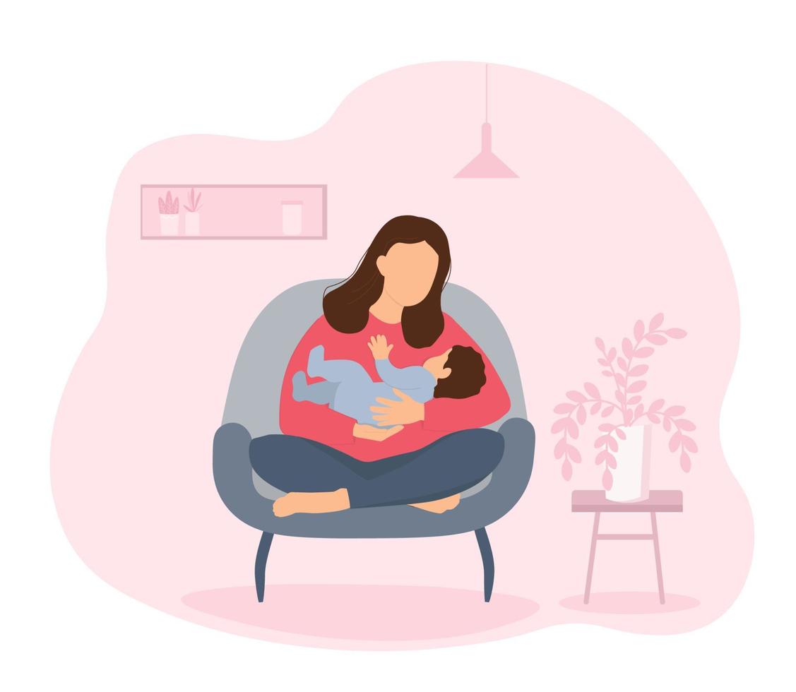 uma mulher senta-se na posição de lótus, pernas cruzadas, e segura, embala o bebê. mãe e recém-nascido juntos em um quarto no interior. gráficos vetoriais. vetor