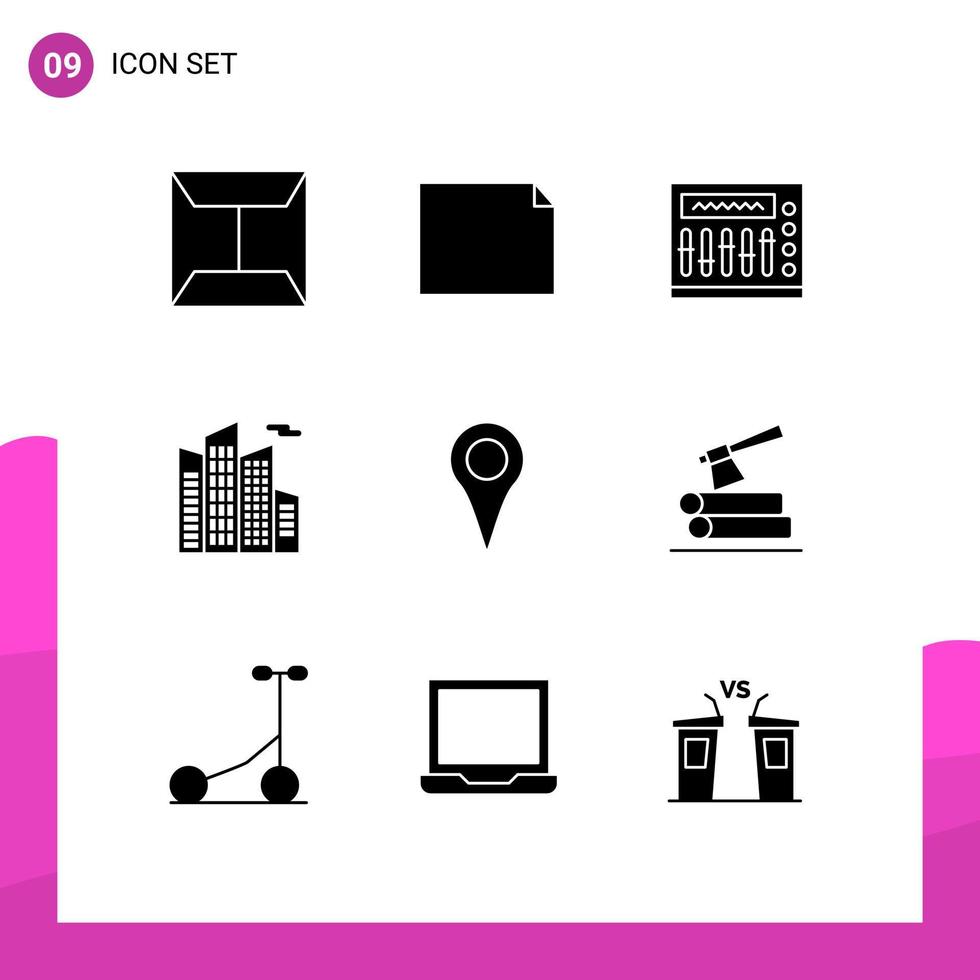 conjunto de 9 sinais de símbolos de ícones de interface do usuário modernos para machado mapa localização de música arranha-céu elementos de design de vetores editáveis