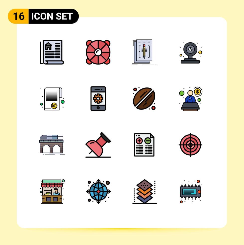 pacote de 16 sinais e símbolos de linhas preenchidas de cores planas modernas para mídia de impressão na web, como código de webcam de documento, programa da web, elementos de design de vetores criativos editáveis