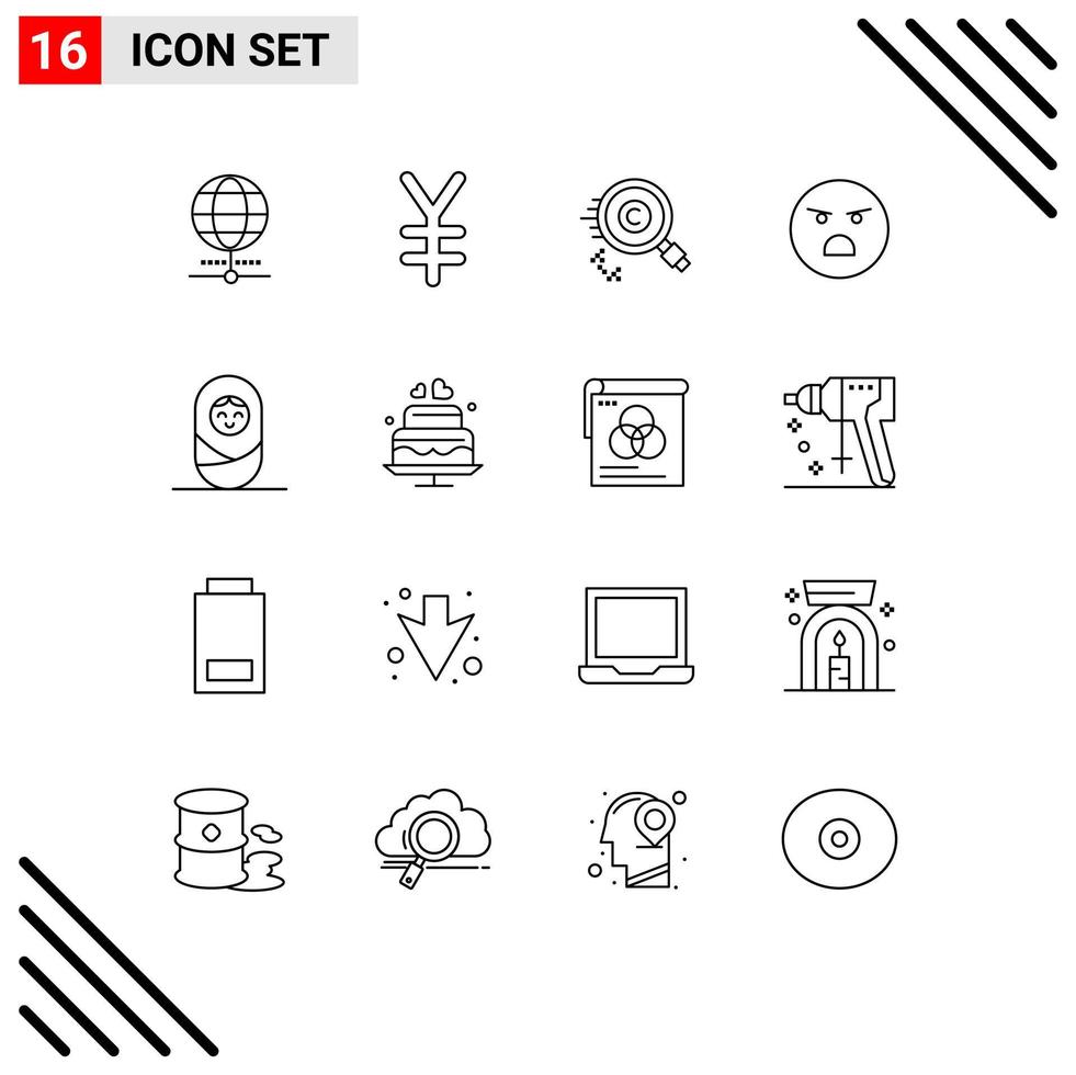 pacote de 16 sinais e símbolos de contornos modernos para mídia impressa na web, como elementos de design de vetor editáveis de emoji fraco de direitos autorais