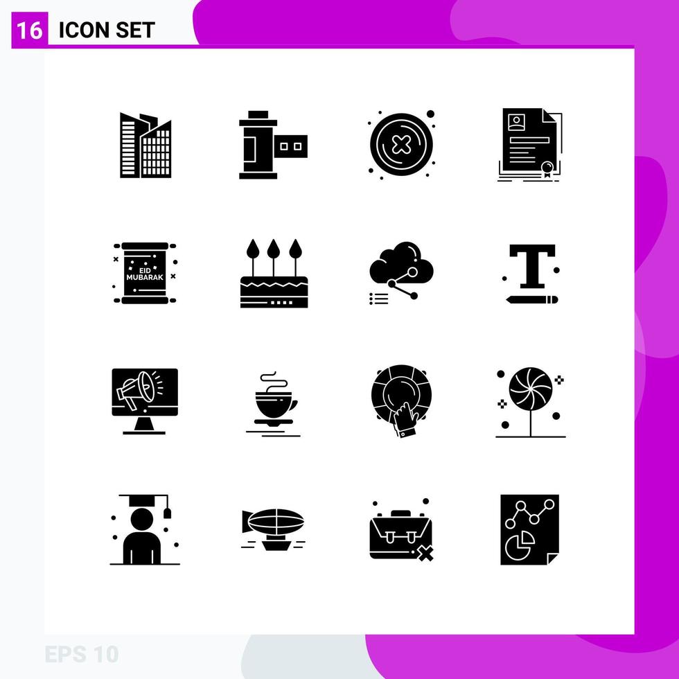 conjunto de glifos sólidos de interface móvel de 16 pictogramas de certificado de convite crachá de acordo cruzado elementos de design vetorial editáveis vetor
