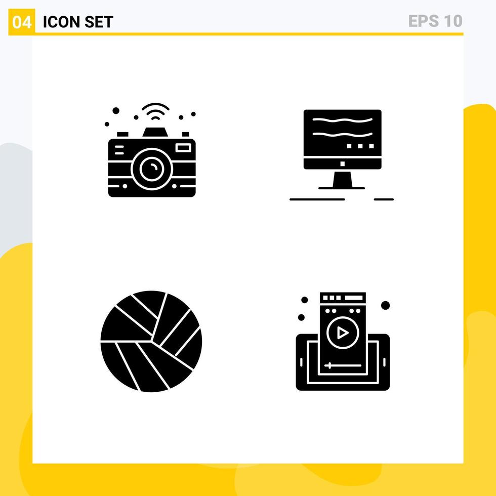 pacote de interface do usuário com 4 glifos sólidos básicos da página da web da câmera, bola do computador, telefone, elementos de design vetorial editáveis vetor