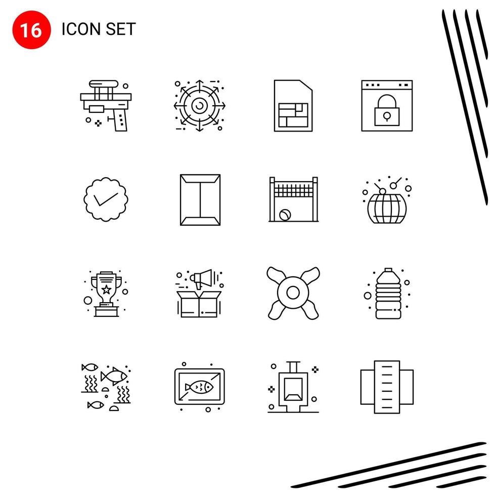 conjunto moderno de 16 contornos e símbolos, como elementos de design de vetores editáveis do navegador de bloqueio de produto da página de bate-papo