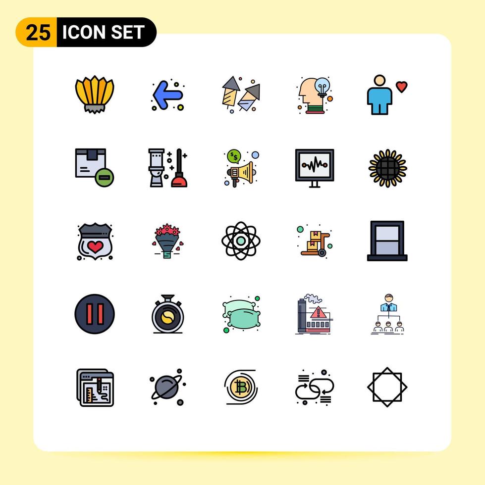 conjunto de pictogramas de 25 cores planas de linha preenchida simples de opinião criativa celebram fogos de artifício cerebrais editáveis elementos de design vetorial vetor