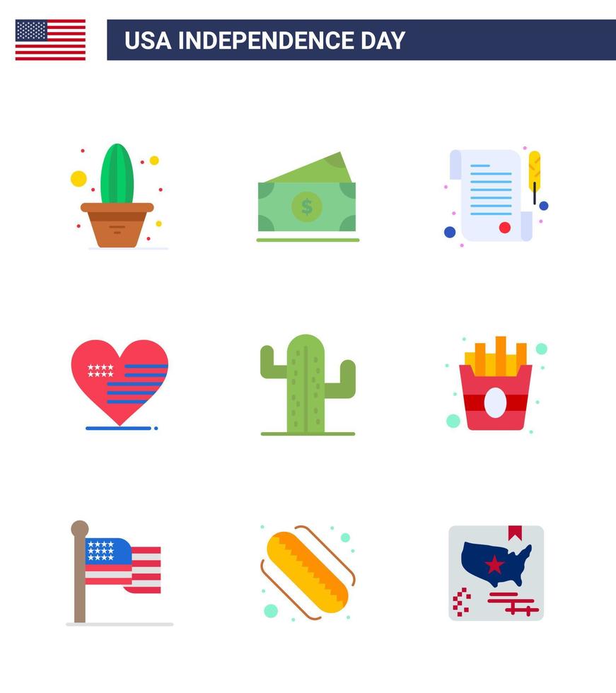 conjunto de 9 ícones do dia dos eua símbolos americanos sinais do dia da independência para abundante bandeira de papel de cacto amor editável elementos de design do vetor do dia dos eua