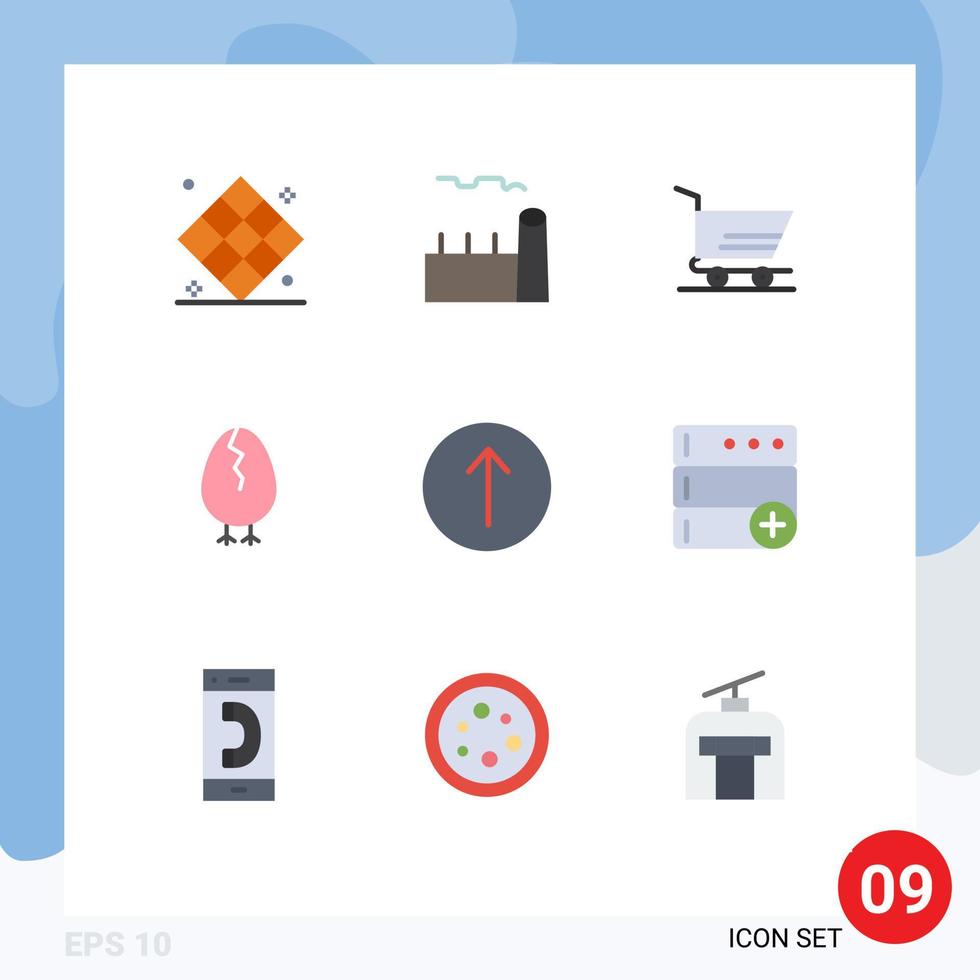 Pacote de cores planas de 9 interfaces de usuário de sinais e símbolos modernos de elementos de design de vetores editáveis de carrinho de páscoa de planta industrial de bebê de seta