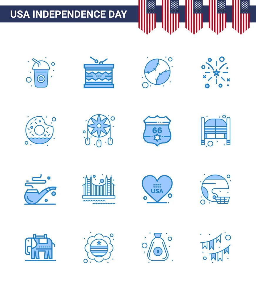 conjunto de 16 blues vetoriais em 4 de julho, dia da independência dos eua, como donut american st fire elementos de design vetorial do dia dos eua editáveis unidos vetor