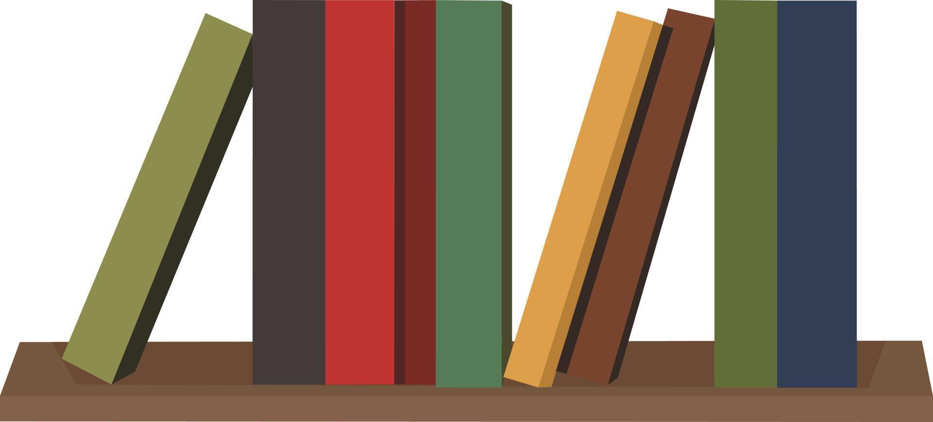 livros na prateleira de madeira. estante para interiores em estilo cartoon. ilustração vetorial isolada no fundo branco. capas de livros coloridos. banner para biblioteca, livraria, feira, festival. vetor