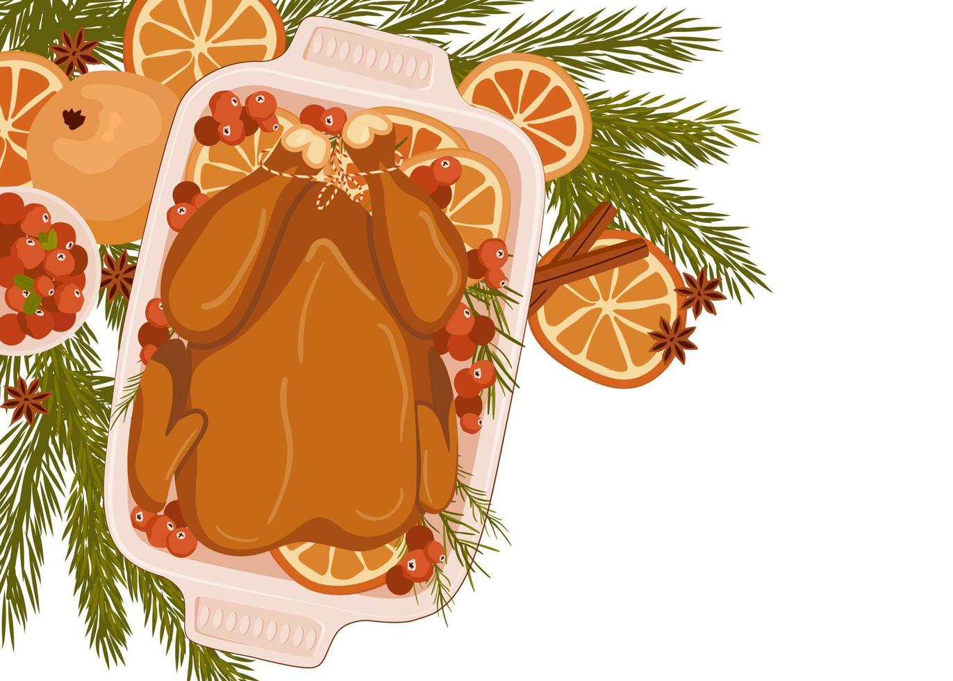 pratos de natal. frango assado ou peru grelhado com cranberries, laranja e alecrim isolado no fundo branco. conceito de comida de natal. ilustração vetorial vetor