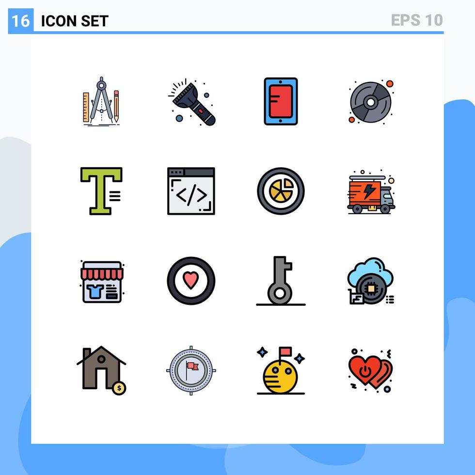 pacote de linha vetorial editável de 16 linhas preenchidas de cores planas simples de tipo de gravação disco multimídia móvel elementos de design de vetor criativo editáveis