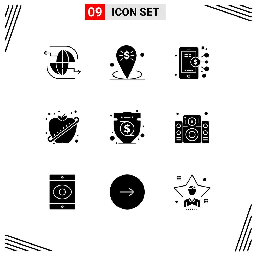 pacote de interface do usuário de 9 glifos sólidos básicos de fitness fruta lugar apple smartphone elementos de design de vetores editáveis
