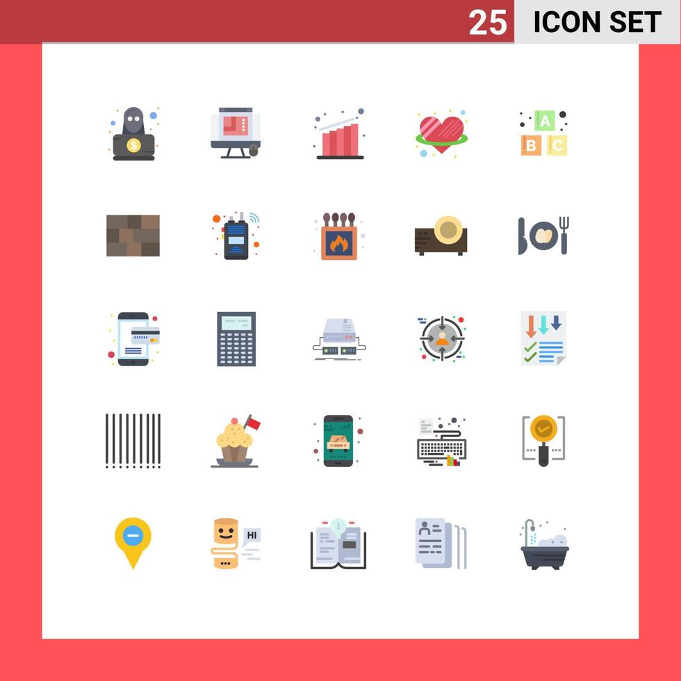 conjunto moderno de 25 cores planas e símbolos, como blocos, alfabeto, romance de negócios, coração, elementos de design de vetores editáveis