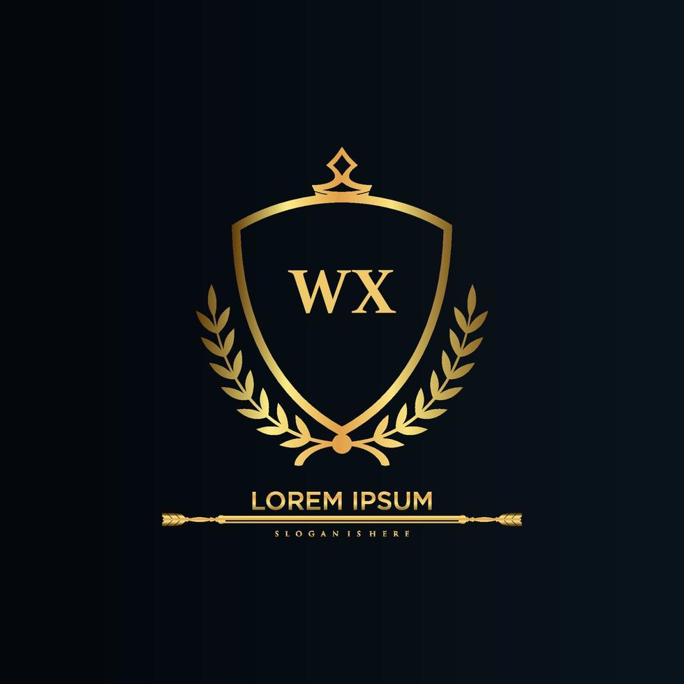 wx carta inicial com royal template.elegant com coroa logo vector, ilustração em vetor logotipo letras criativas.