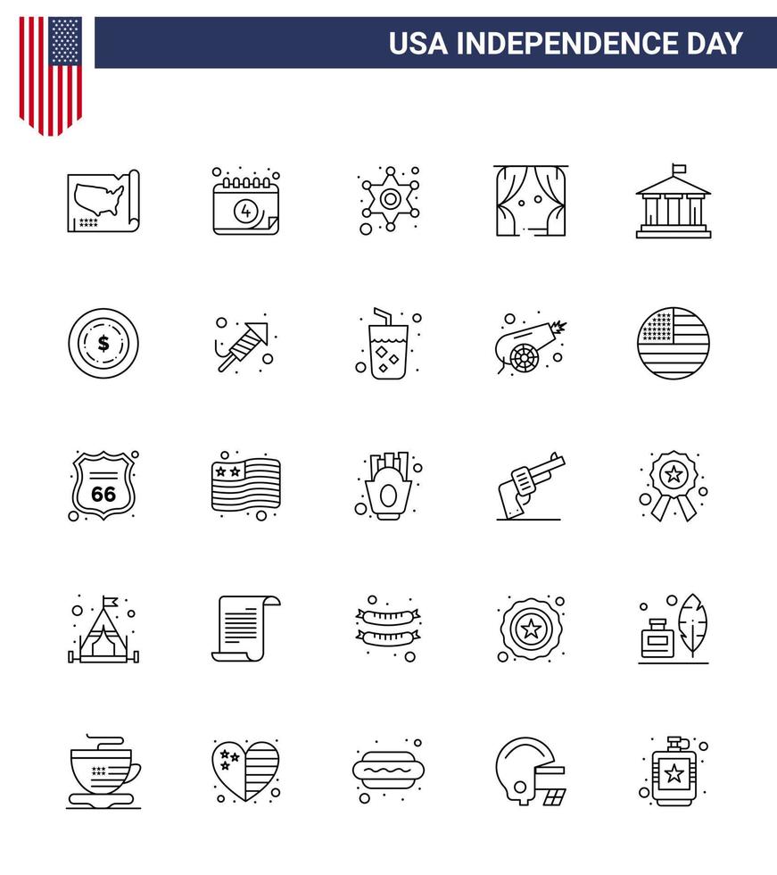 feliz dia da independência 4 de julho conjunto de pictograma americano de 25 linhas de bandeira eua homens teatro entretenimento editável dia dos eua vetor elementos de design