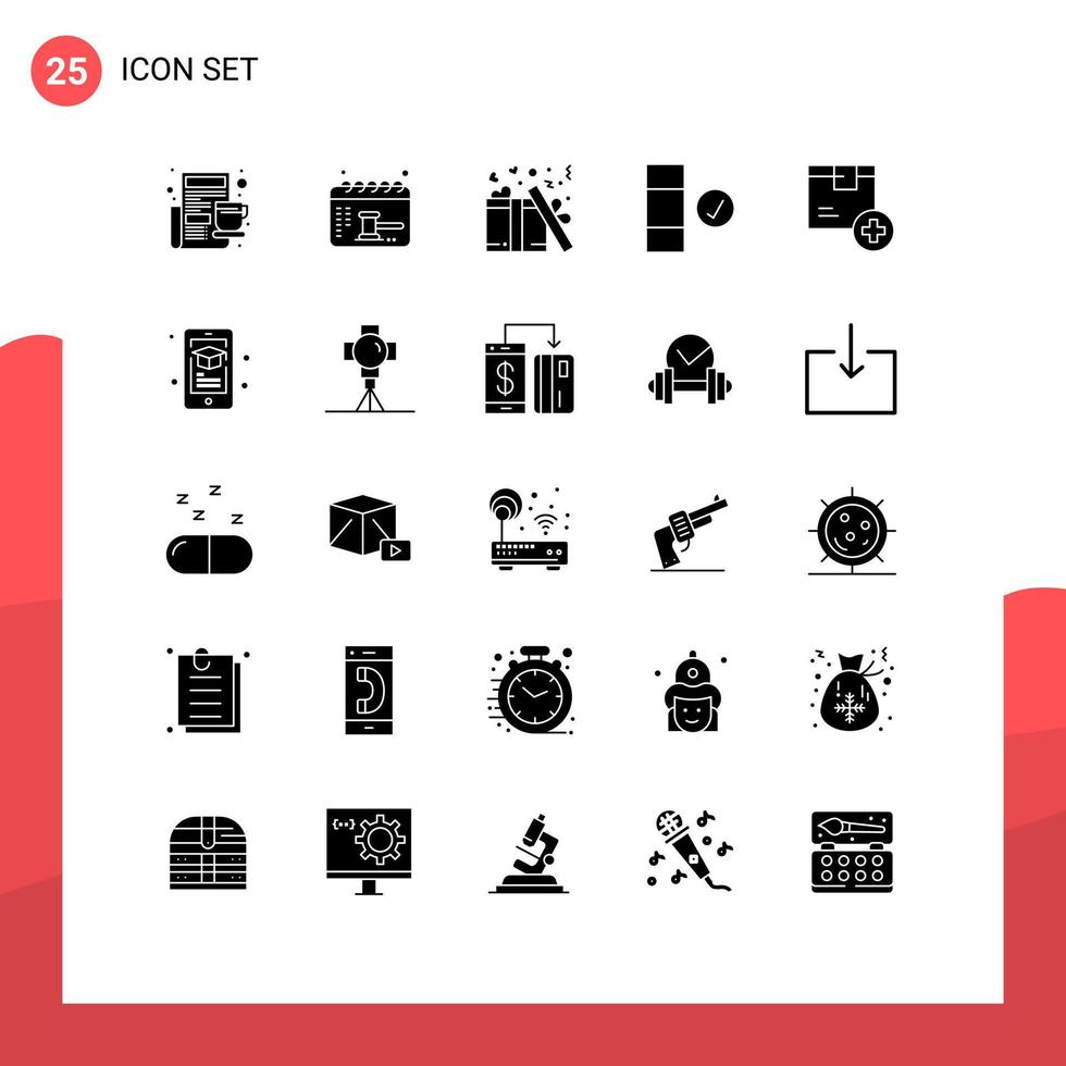 pacote de interface do usuário de 25 glifos sólidos básicos de entrega adicionar dados de presente verificar elementos de design de vetores editáveis