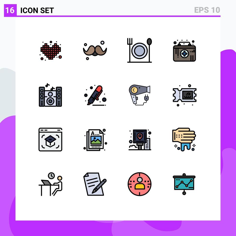 16 interface do usuário pacote de linha cheia de cores planas de sinais e símbolos modernos de som de emergência médica cavalheiro kit de primeiros socorros editáveis elementos de design de vetor criativo