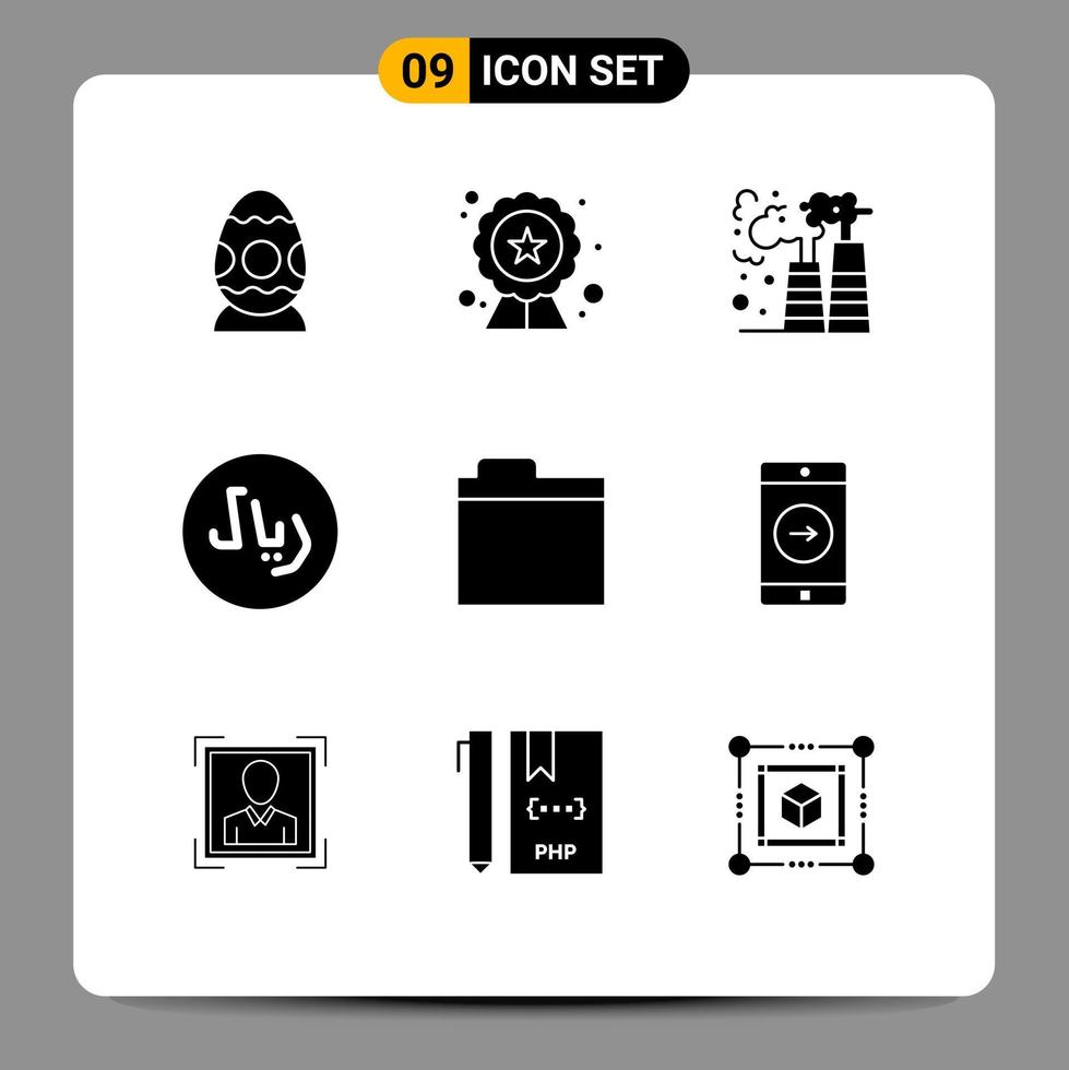 9 conceito de glifo sólido para sites móveis e arquivos de armazenamento de aplicativos fábrica de dinheiro rayal elementos de design de vetores editáveis