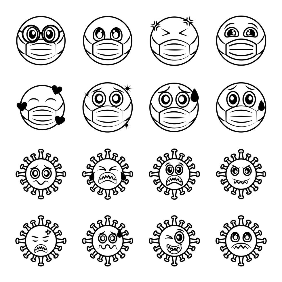 emoticon com máscara facial e conjunto de ícones de coronavírus vetor