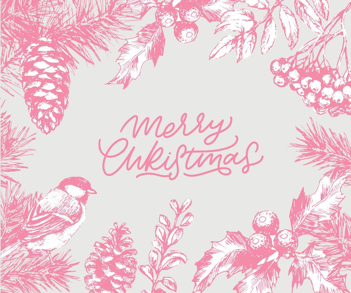 feliz natal e feliz ano novo cartão botânico abstrato com banner de moldura quadrada e tipografia moderna. layout de saudação de cores pastel verde e rosa. isolado. vetor