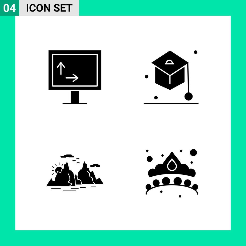 pacote com 4 conjuntos de ícones de estilo sólido. símbolos de glifos para impressão. sinais criativos isolados no fundo branco. conjunto de 4 ícones. vetor