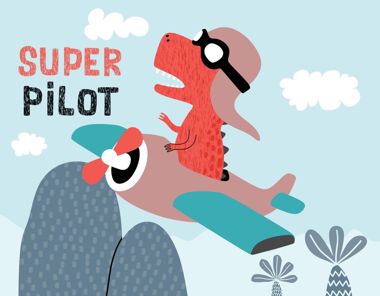 dinossauro fofo em um avião. ilustração em vetor dos desenhos animados.