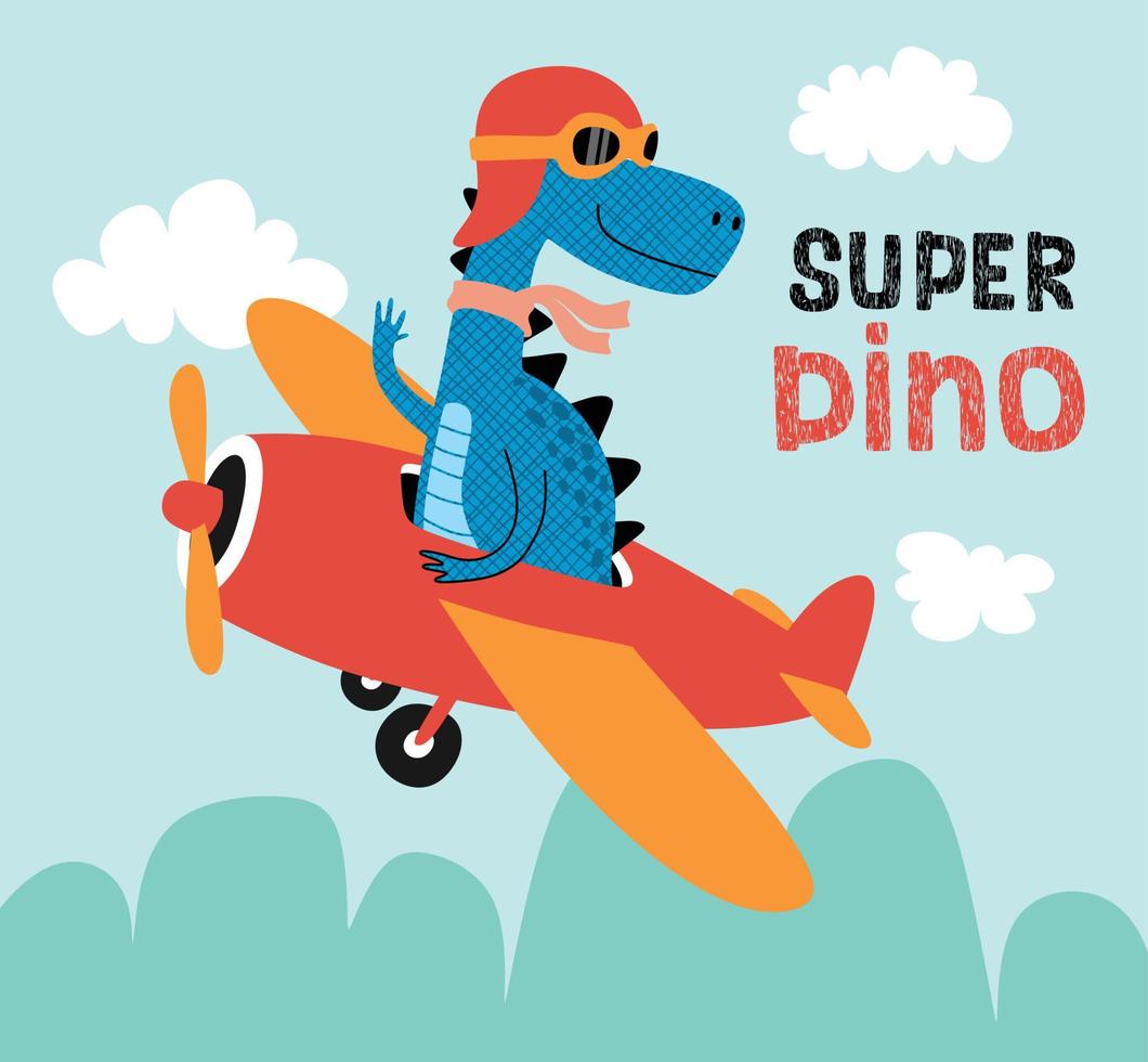 dinossauro fofo em um avião. ilustração em vetor dos desenhos animados.