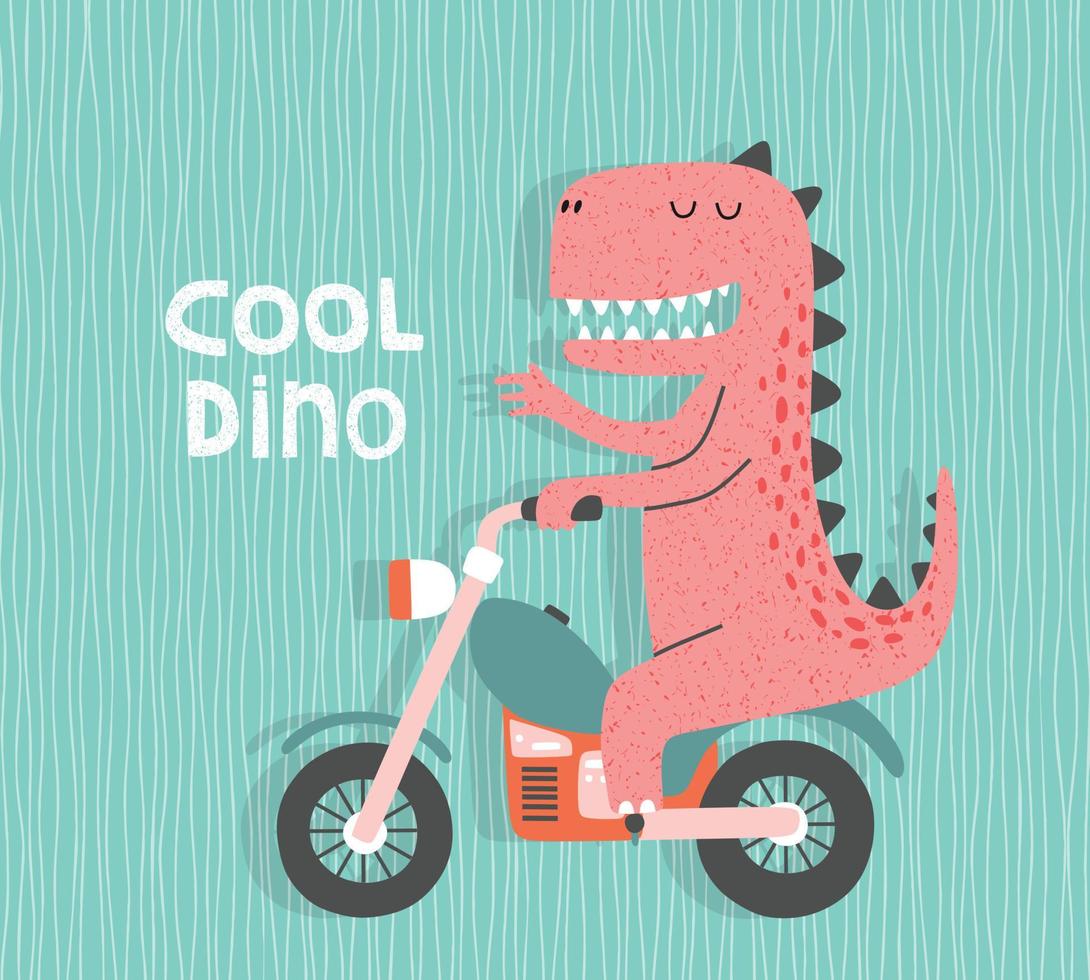 dinossauro dos desenhos animados andando de moto. dino bonito em uma moto. vetor