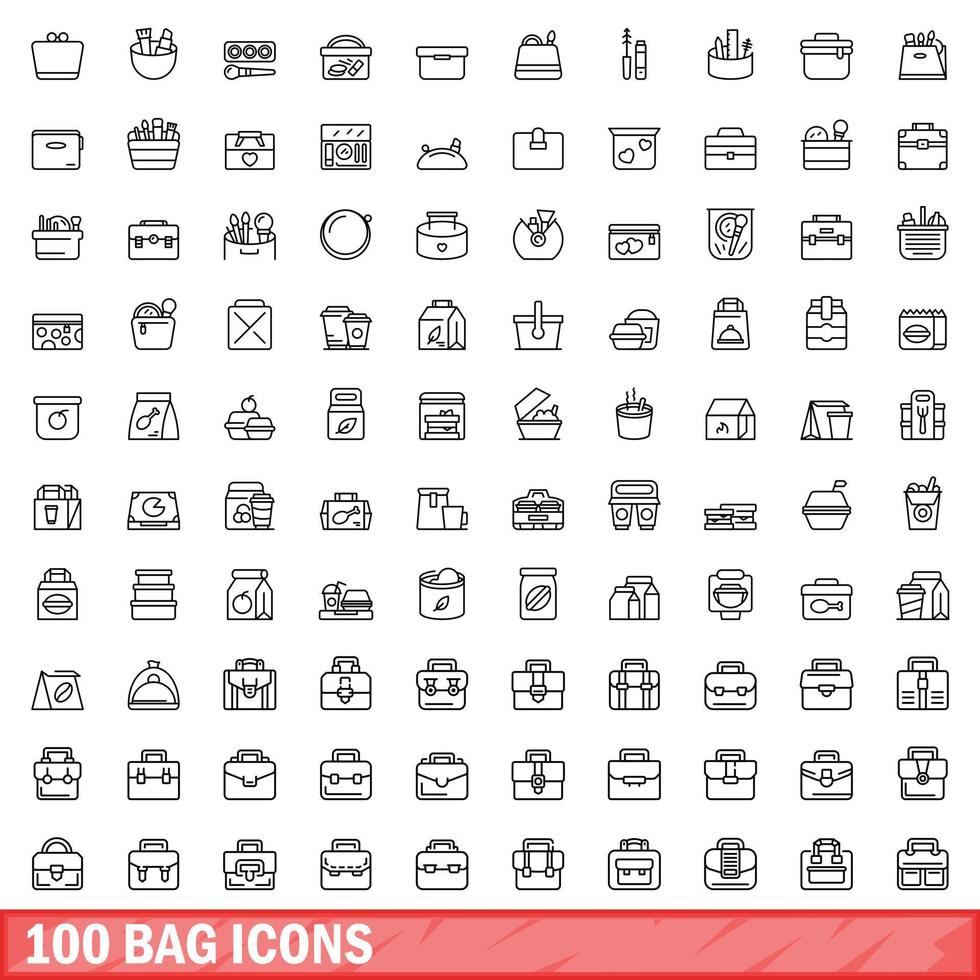 conjunto de 100 ícones de saco, estilo de contorno vetor