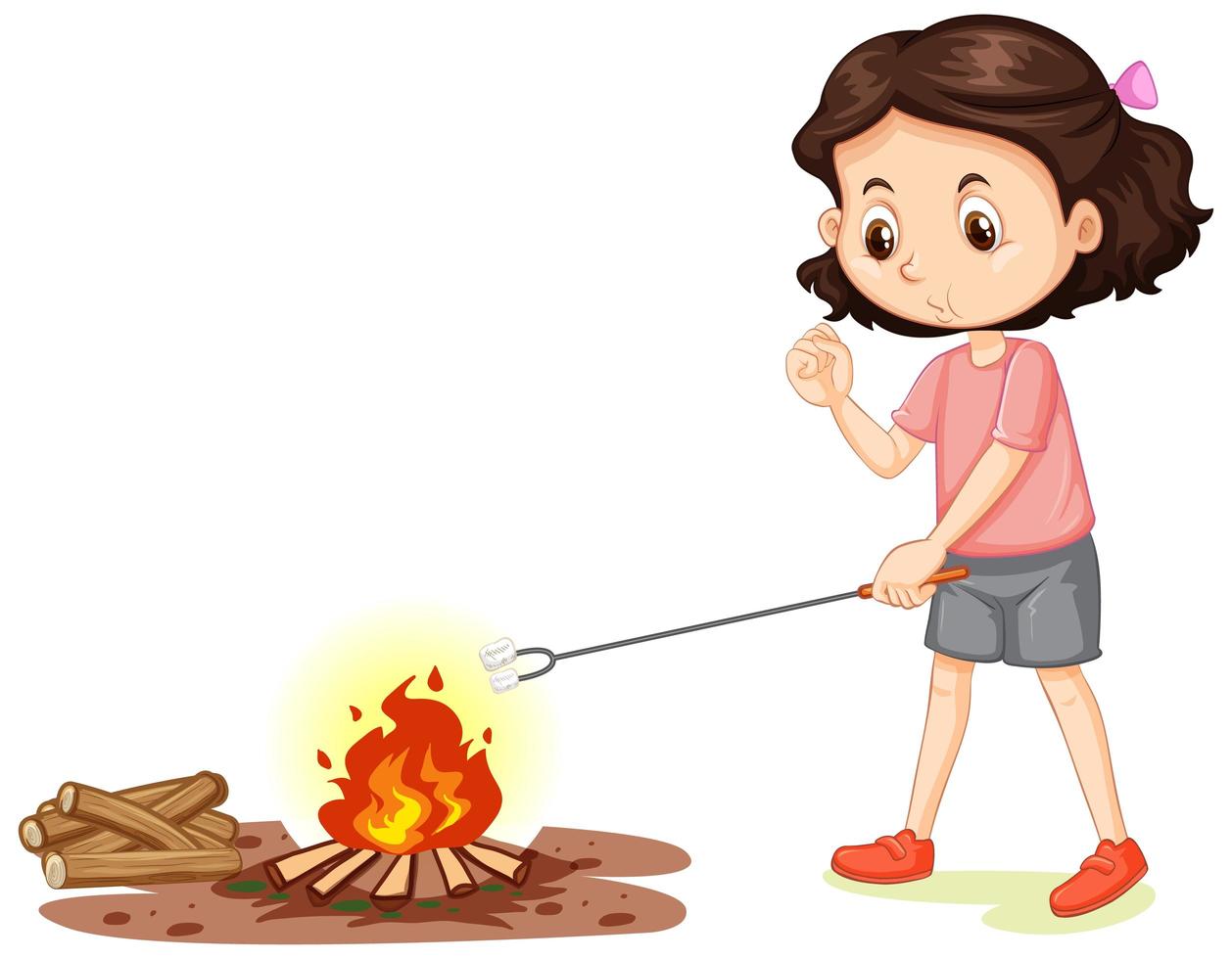 garota assando marshmallow na fogueira no fundo branco vetor