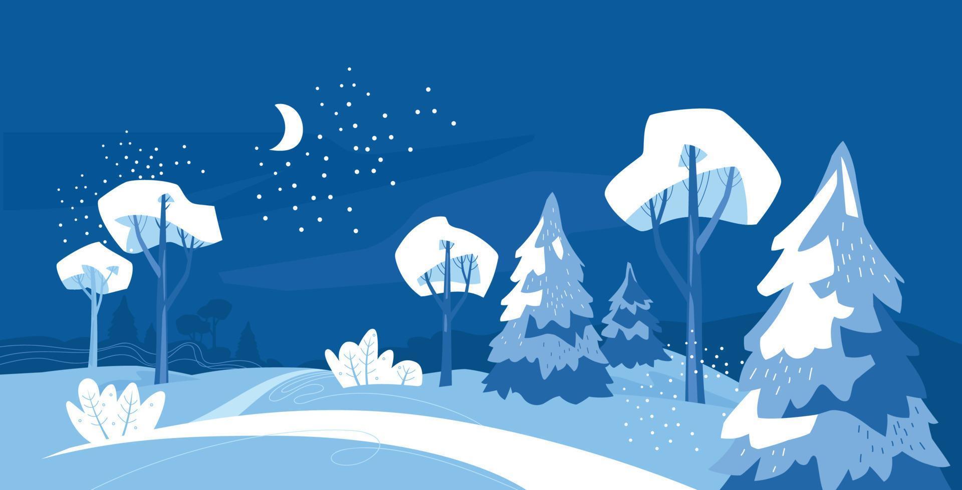 paisagem de inverno à noite. floresta de neve. árvores de natal e árvores na neve. fundo. imagem vetorial. vetor
