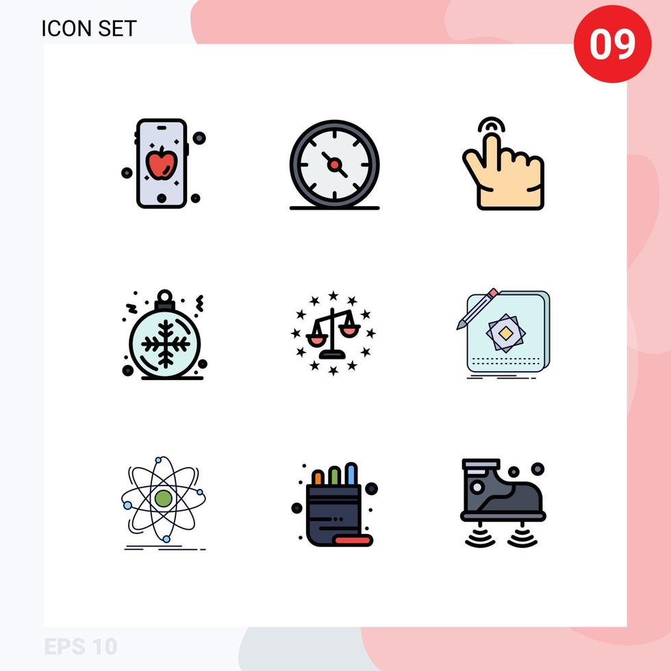 pacote de 9 sinais e símbolos modernos de cores planas de linha preenchida para mídia impressa na web, como lei gdpr, equilíbrio de gestos, floco de neve, elementos de design vetorial editáveis vetor