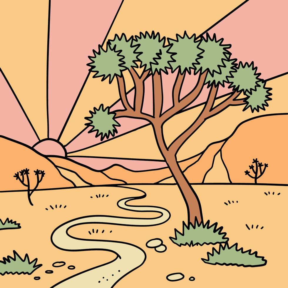 deserto de joshua com paisagem de árvores. oeste selvagem da américa natureza deserto empoeirado com pradaria do arizona, caminho e rochas do desfiladeiro. mão desenhada ilustração vetorial linear. vetor