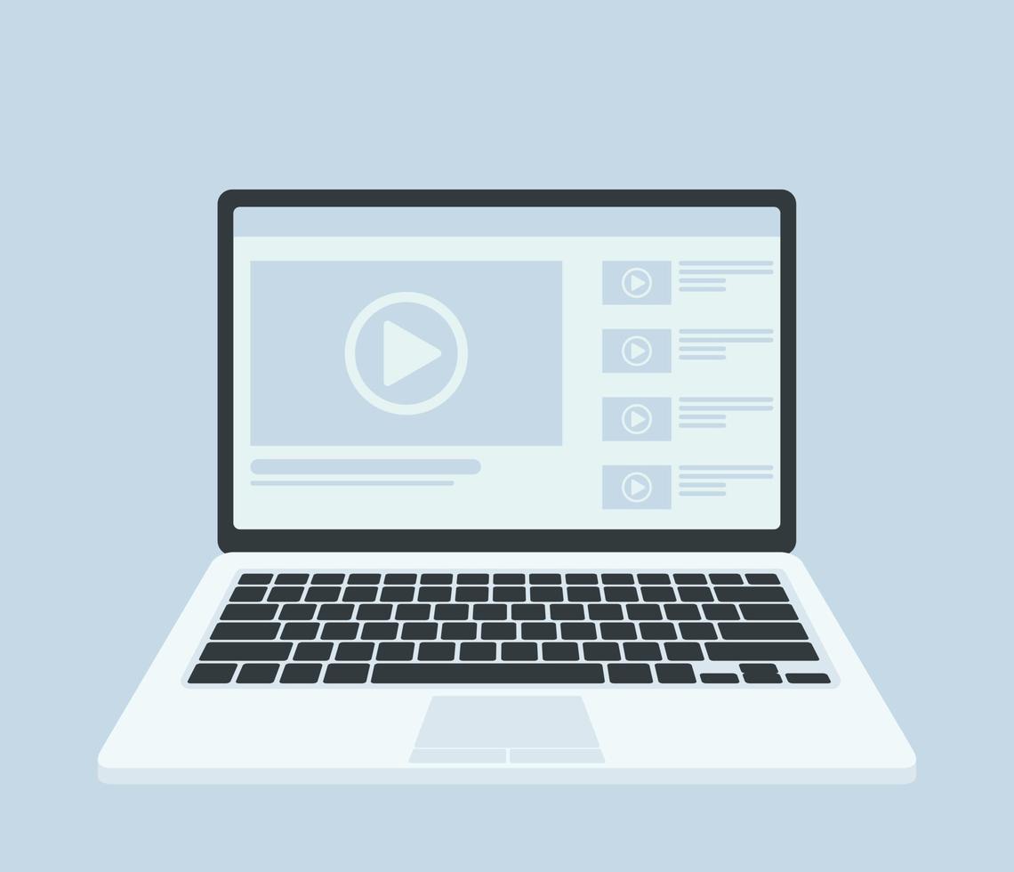 laptop moderno com player de vídeo na tela. vídeo online, assistir filmes, materiais educacionais, conceitos de cursos na web. design plano de sombra longa. ilustração vetorial vetor