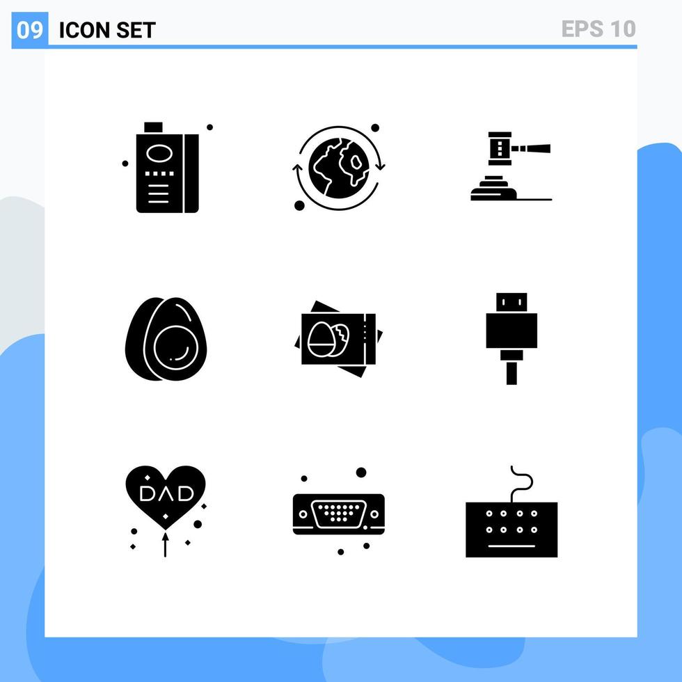 grupo de 9 sinais e símbolos de glifos sólidos para ovos, juiz de direito legal, martelo, elementos de design vetorial editáveis vetor