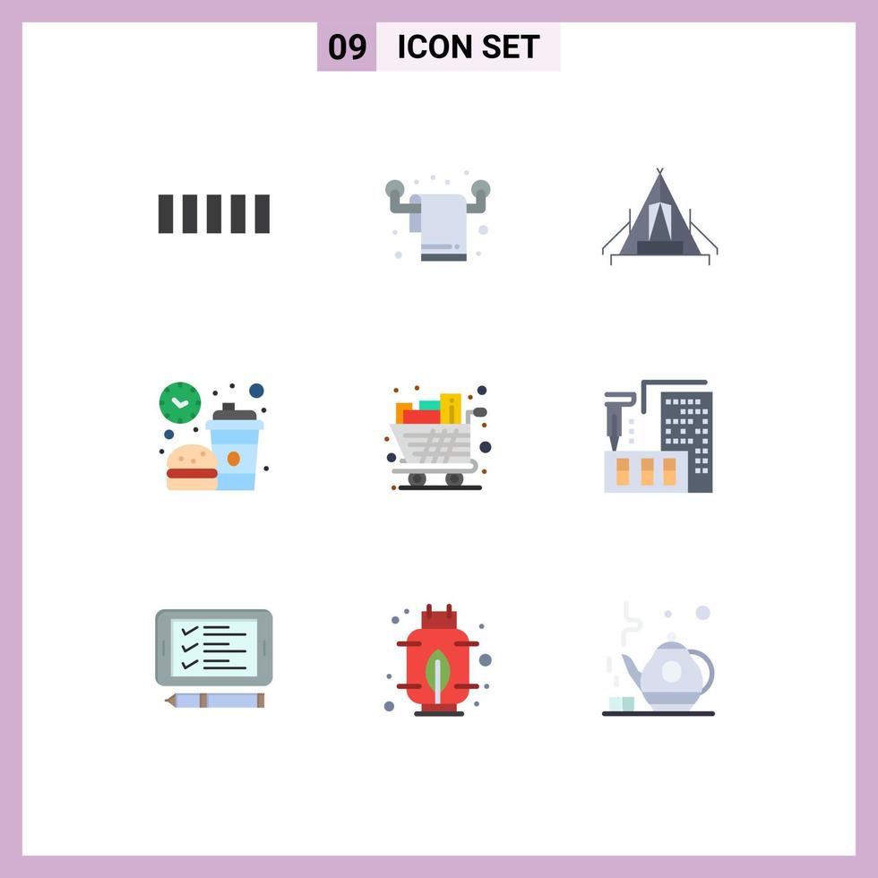 conjunto de 9 sinais de símbolos de ícones de interface do usuário modernos para almoço de carrinho, pausa para comida de acampamento, elementos de design de vetores editáveis