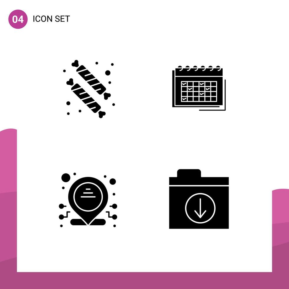 pacote de linha vetorial editável de 4 glifos sólidos simples de doces agendar data de comida endereço elementos de design vetorial editáveis vetor