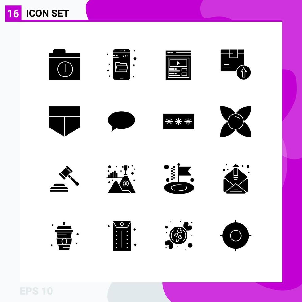 conjunto moderno de 16 glifos sólidos pictograma de escudo produto vídeo caixa logística elementos de design de vetores editáveis