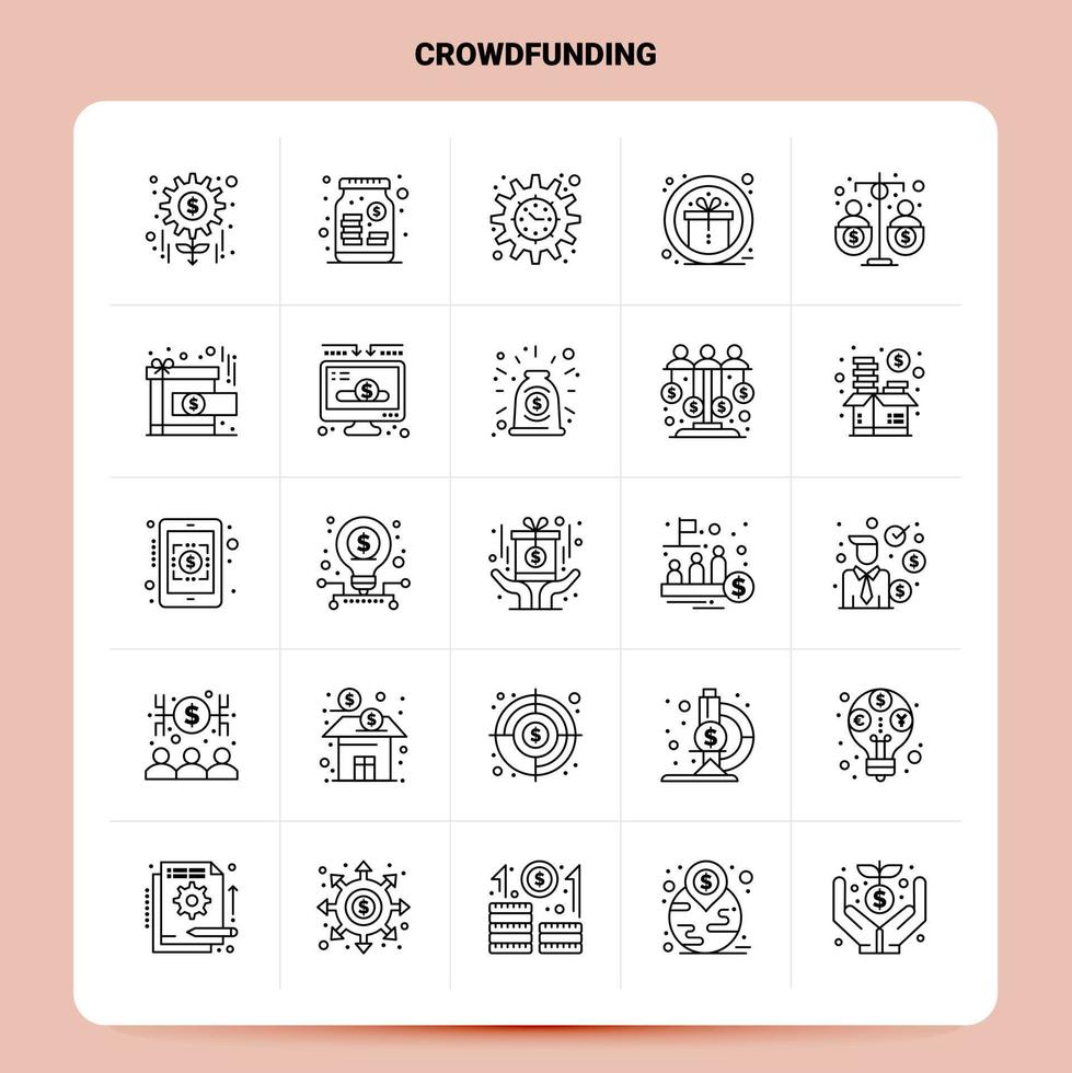 esboço 25 conjunto de ícones de crowdfunding. conjunto de ícones pretos de design de estilo de linha vetorial. pacote de pictograma linear. web e idéias de negócios móveis design ilustração vetorial. vetor