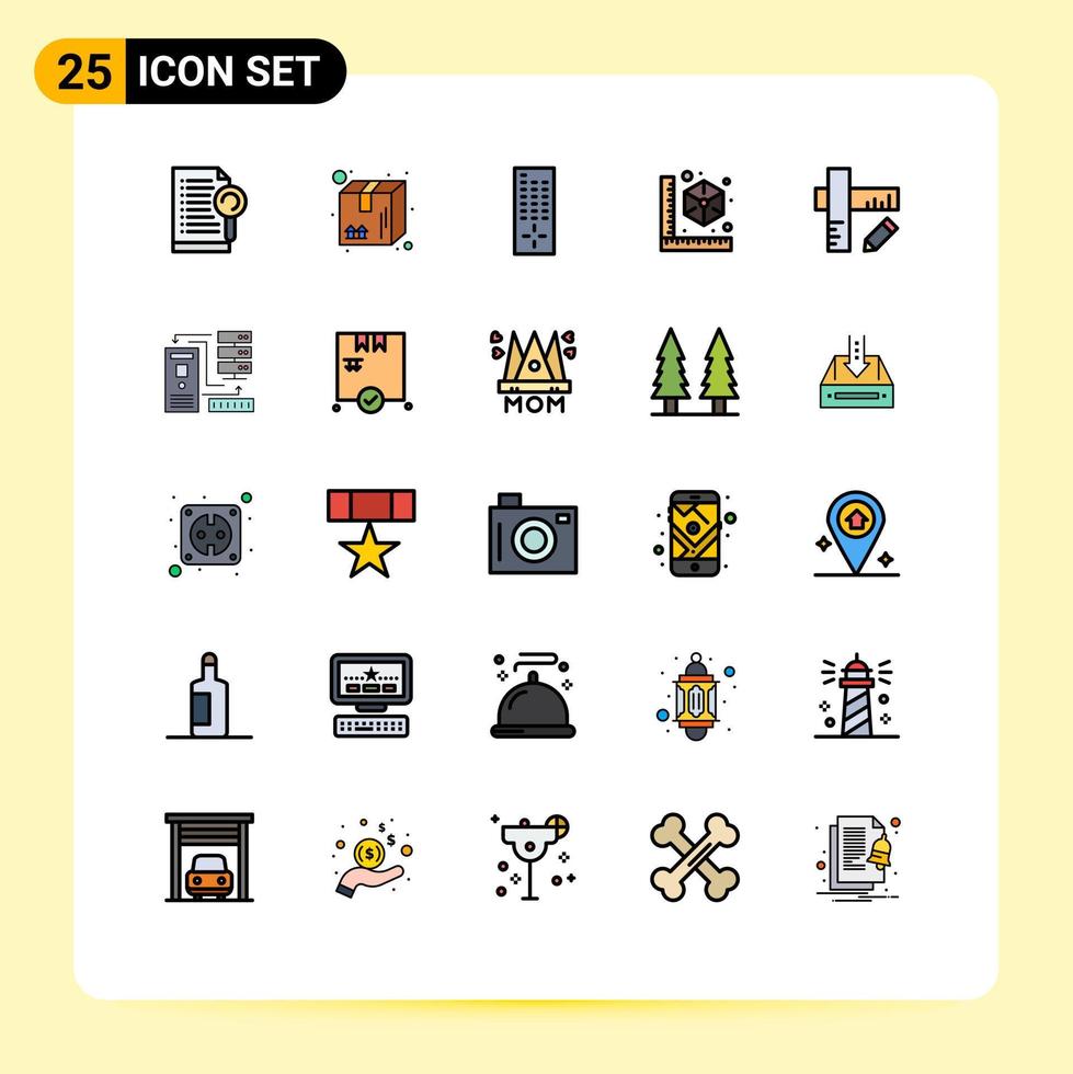 pacote de interface do usuário de 25 cores planas de linha preenchida básica de geometria, modelo de entrega de impressora, cubo, elementos de design de vetores editáveis
