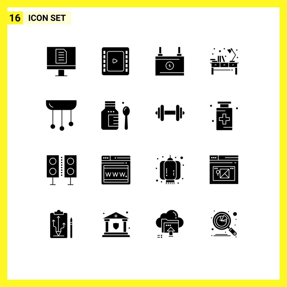 pacote de 16 sinais e símbolos de glifos sólidos modernos para mídia impressa na web, como lustre doméstico, mesa de trabalho de energia, elementos de design vetorial editáveis vetor