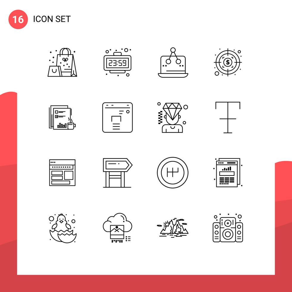 grupo de símbolos de ícones universais de 16 contornos modernos de investimento em café, relógio, medição de dólares, elementos de design de vetores editáveis